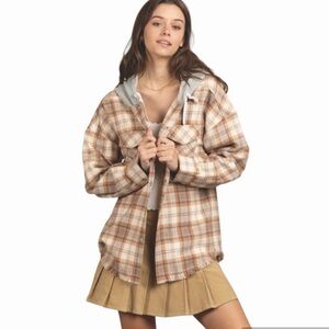 NWT New In Oversized Frayed Hem Hooded Plaid Flannel